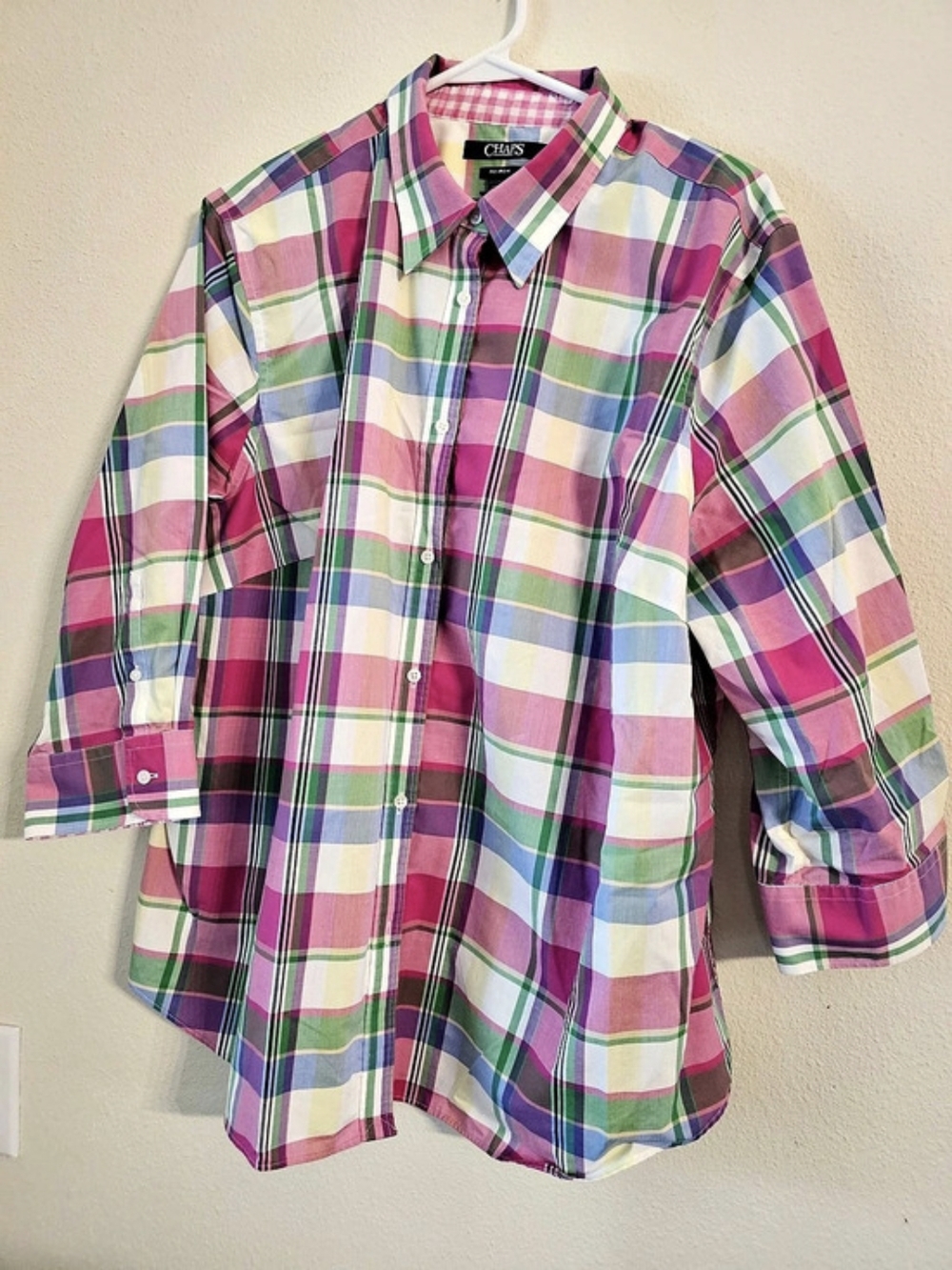 Chaps No Iron Plaid Button-Down Shirt Pink & Green Size 2X